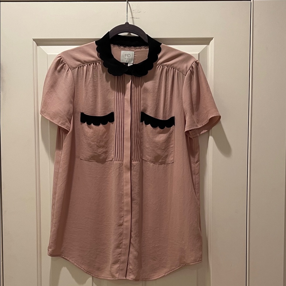 HD in Paris Blush Pink Top with Black Scalloped Trim from Anthropologie